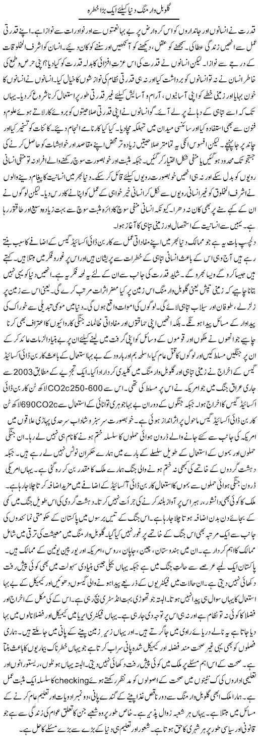 Global Warming Dunya Ke Lye Aik Bara Khatra | Tasneem Peer Zada | Daily Urdu Columns