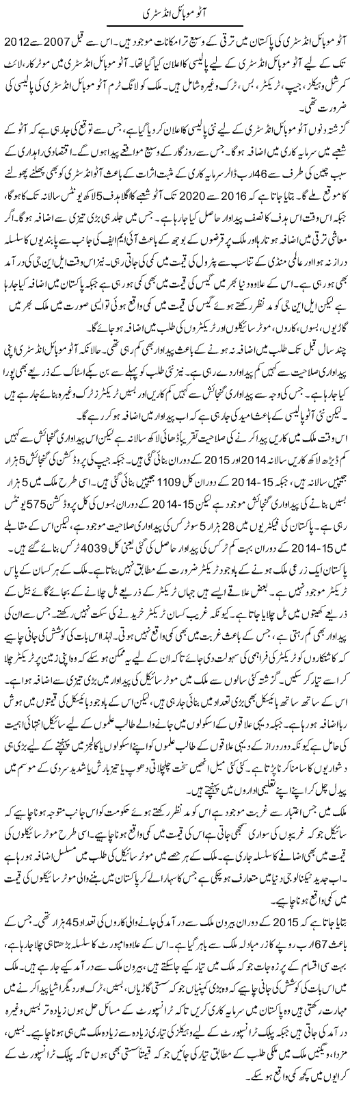 Auto Mobile Industry | M.I Khalil | Daily Urdu Columns