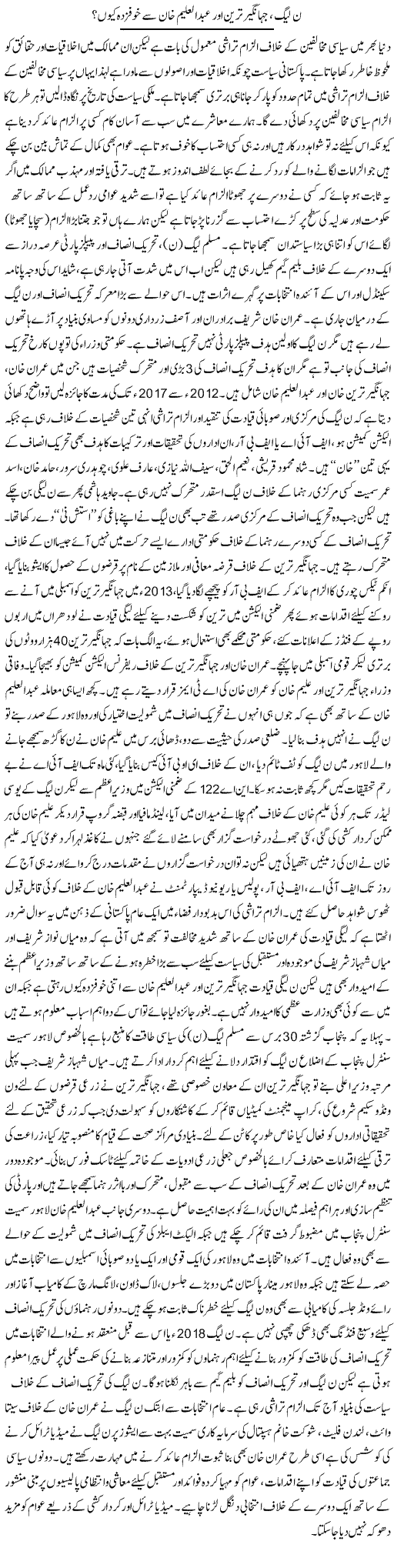 Noon League, Jahangir Tareen Aur Abdul Aleem Khan Se Khaufzadah Kyun? | Rizwan Asif | Daily Urdu Columns